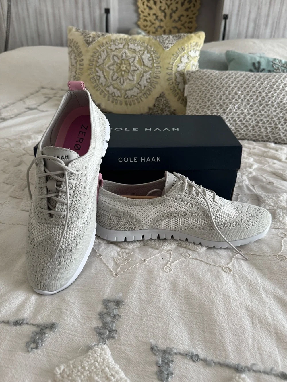 Cole Haan Light Gray Knit Sneakers with Pink Heel Tab
